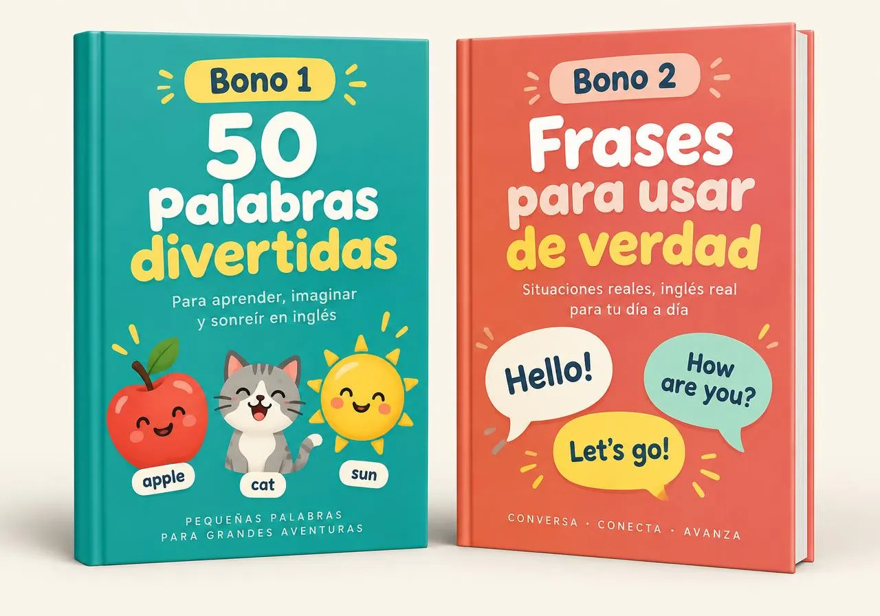 Portadas ilustrativas de los ebooks: Bono 1, 50 palabras divertidas, y Bono 2, Frases para usar de verdad