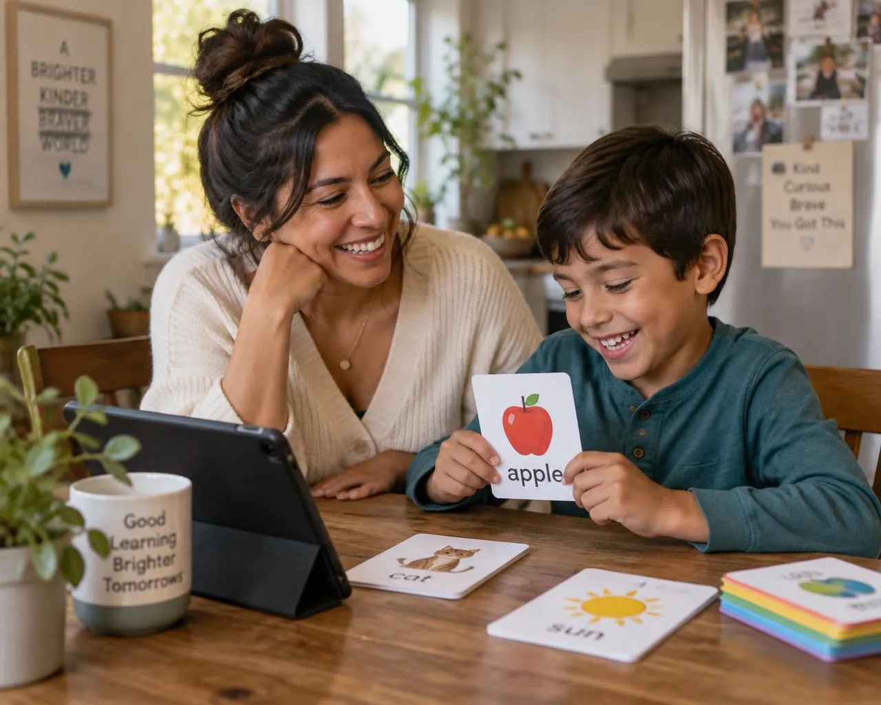 Una madre y su hijo de unos 7 años ríen mientras juegan con tarjetas de inglés y una tablet en la mesa de casa